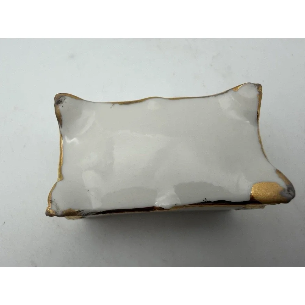 Vintage Miniature Porcelain Trinket Box White Gold Gilt Footed Casket 2.25